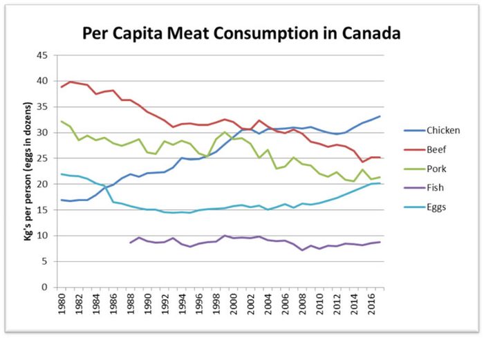 La consommation de viande per capita au Canada. Dans ce tableau, on constate que la consommation de poulet et d'oeufs est en hausse, celle de boeuf et de porc, en baisse, et celle de poisson, stable.