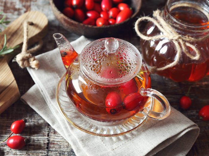 Healthy,winter,hot,beverage.,rose,hip,tea,in,teapot,,rosemary,