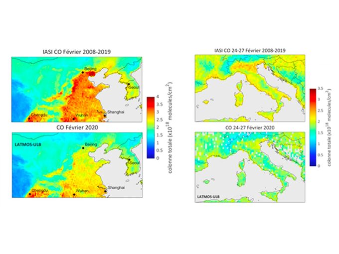 Les effets du COVID-19: diminution de la quantité de monoxyde de carbone mesuré par la mission satellite IASI en Chine (à gauche) et en Italie (à droite).