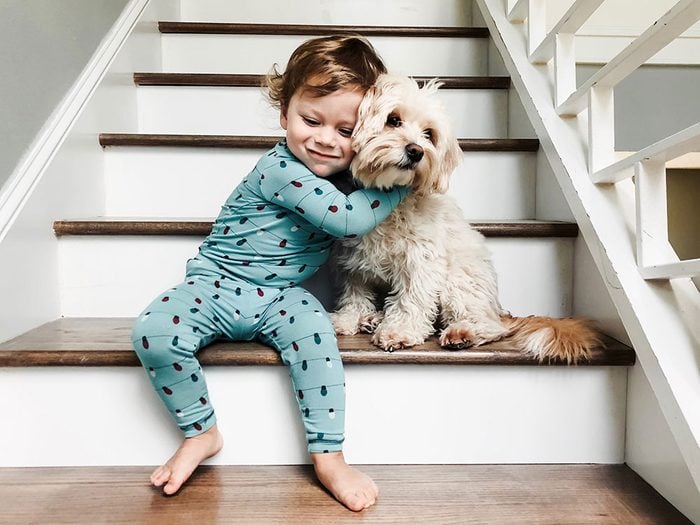 Un beau duo chien et bébé dans l’escalier.
