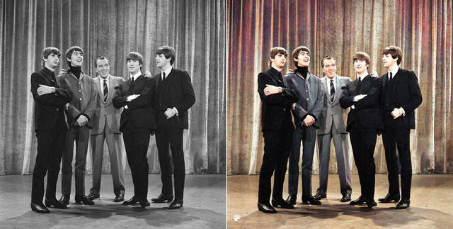 La photo colorise des Beatles au Ed Sullivan show.