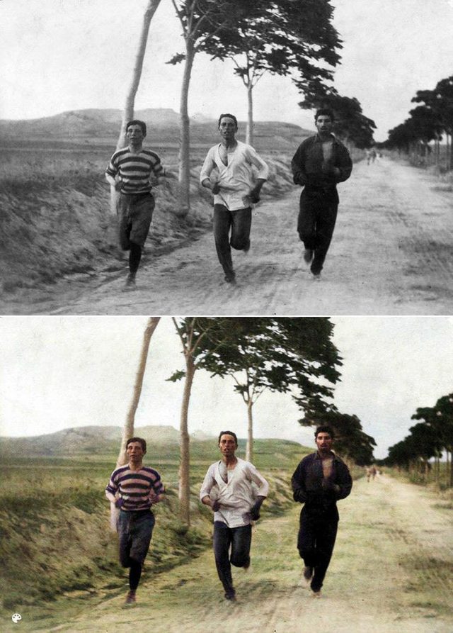 La photo colorise du marathon des premiers Jeux olympiques.