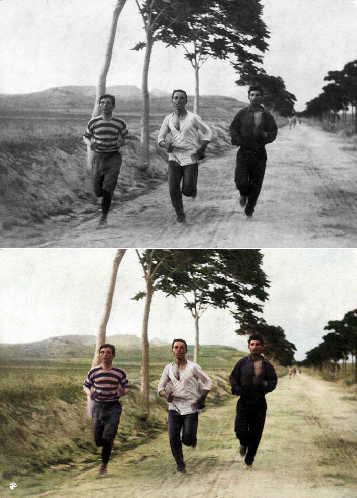 La photo colorisée du marathon des premiers Jeux olympiques.