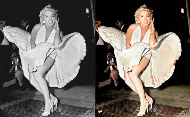La photo colorise de la robe blanche de Marilyn.