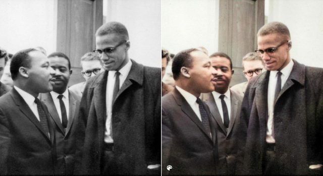 La photo colorise de Martin Luther King Jr. et Malcolm X.