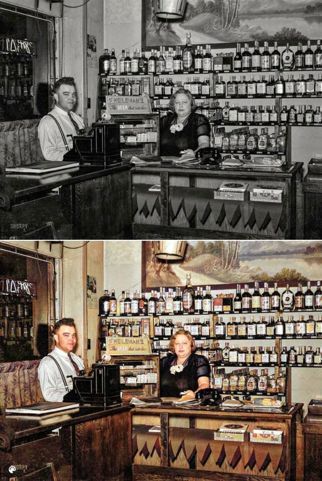 La photo colorise d'un bar de quartier en 1860.
