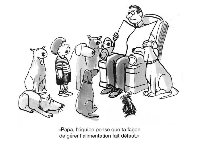 Illustrations comiques d'un papa à chiens.