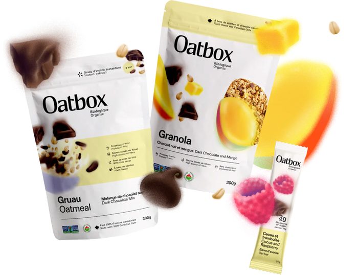 Des produits de la marque Oatbox, comme du gruau et des barres tendres.
