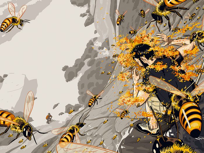 Illustration d'abeilles qui attaquent un homme