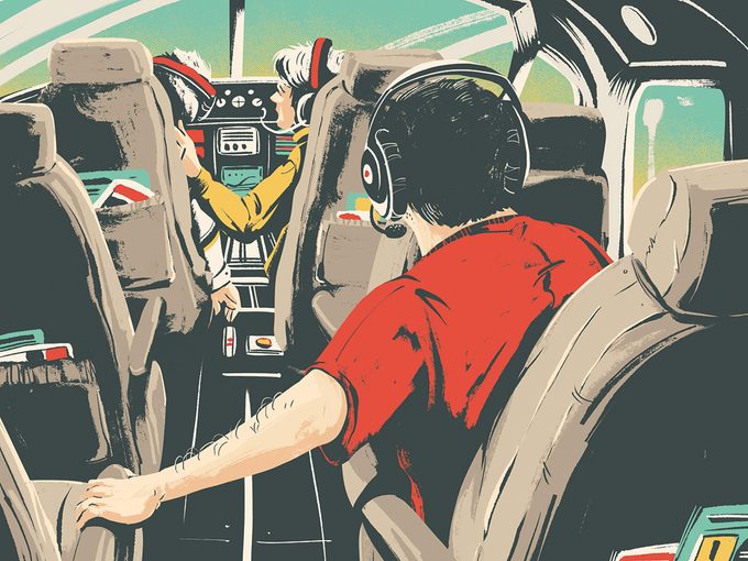 Illustration d'un pilote et de passagers dans un avion