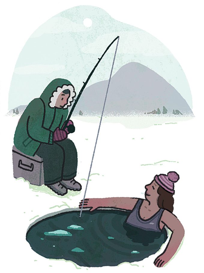 La guérison par l'eau froide: illustration d'une femme dans l'eau froide et d'un homme qui pêche