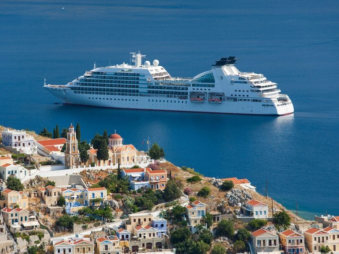 Cruise Ship In The Bay, Gialos, Symi, Greece