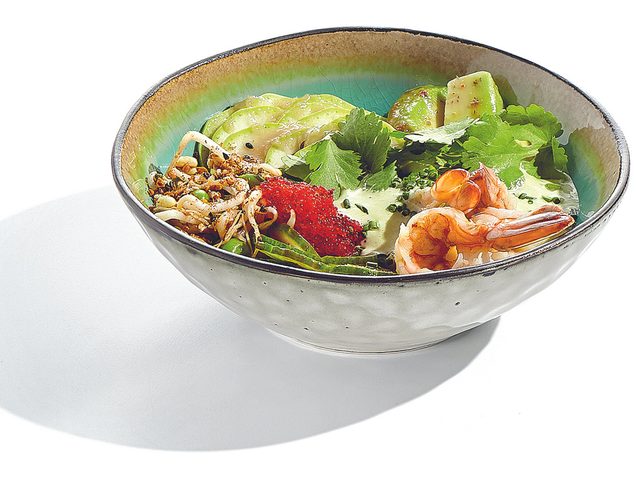 Healthy Food Poke Bowl With Prawn, Rice, Fresh Vegetables, Edamame Beans, Soybean Sprouts . Traditional Dish Hawaiian Cuisine. Poke Bowl With Shrimp Isolated On White Background. Dinner For Slimming. Salad Bowl With Prawn.