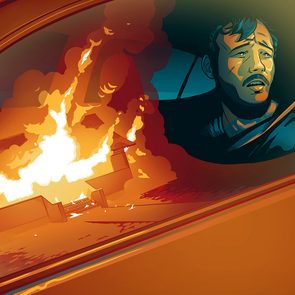 Illustration d'un homme dans sa voiture, devant les flammes