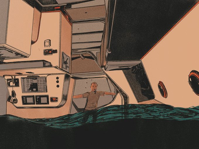 Illustration d'un marin pris au piège dans son voilier qui se remplit d'eau.