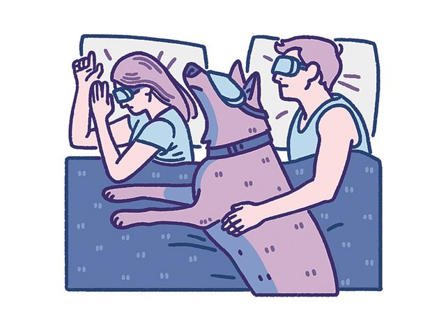 Mieux dormir: une illustration d'un couple qui dort avec leur chien.