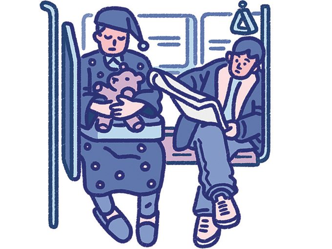 Mieux dormir: une illustration d'une personne qui dort dans le métro.