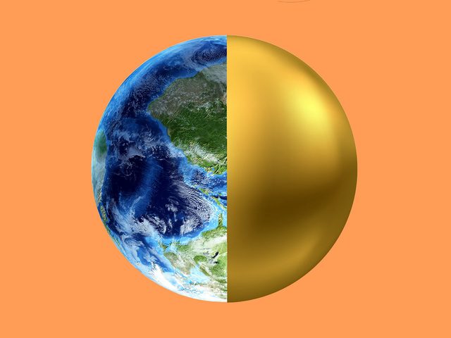 Faits intressants: montage d'une boule d'or et de la plante Terre.