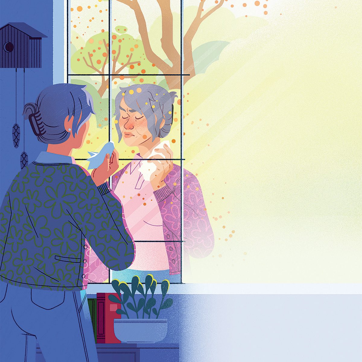 Allergies saisonnières: illustration d'une femme maladie qui voit son reflet dans la fenêtre.
