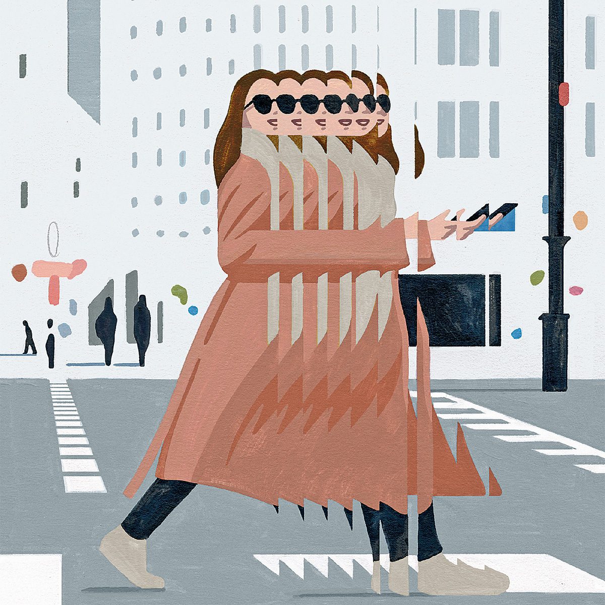 Bégaiement: illustration d'une femme qui marche dans la rue, avec plusieurs ombres d'elle.