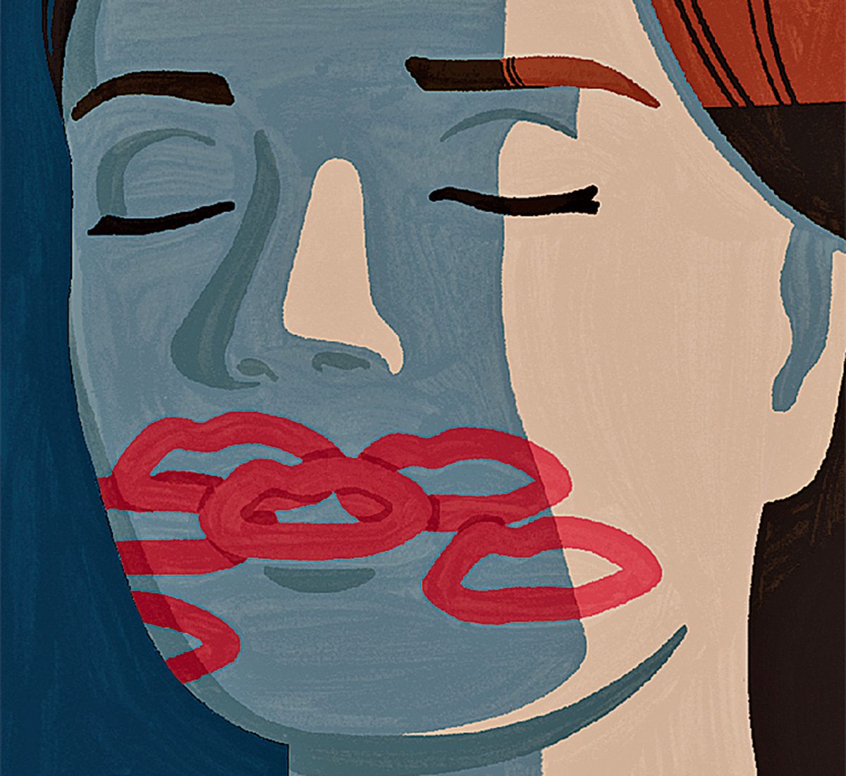 Bégaiement: une femme couverte de rouge à lèvres.